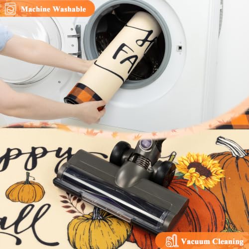 HEBE Fall Kitchen Rugs Set of 3 - Pumpkin Orange Washable Floor Mats with Runner 20x32, 20x48, 20x59 Inches