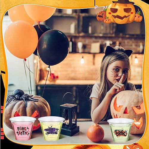 Halloween Party Cups Set - 100 Clear 9 oz Disposable Plastic Cups with Spooky Designs