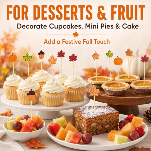 Pumpkin Fall Cocktail Picks 4.7 Inch - Leaves, Acorns, and Pumpkins, 100PCS