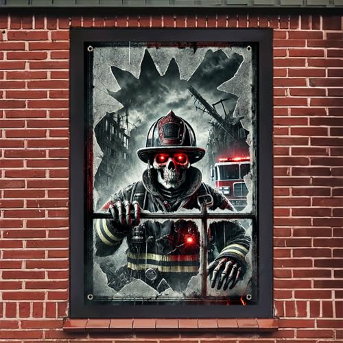 Halloween Skeleton Fireman Window Cover - 31x47 Inch Decoration - Colorful