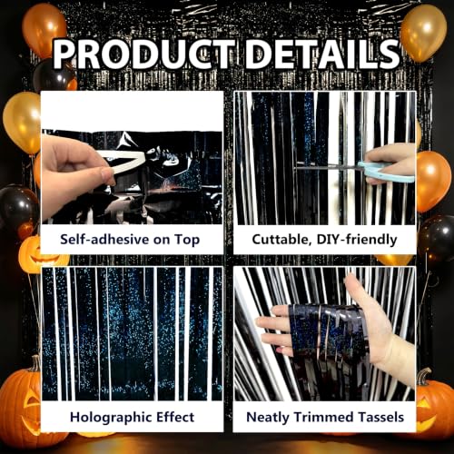 Black Foil Fringe Curtains - 3 Pack, 8.2x3.3ft Party Backdrop for Events - Variation of 3