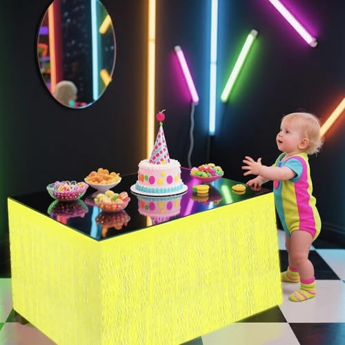 Neon Glow-in-the-Dark Party Table Skirts 3 Pack - Fluorescent Fringe Decor for Raves & Birthdays