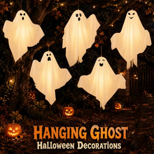 Solar Ghost Yard Decorations 5-Pack Outdoor Halloween Lights with 8 Modes