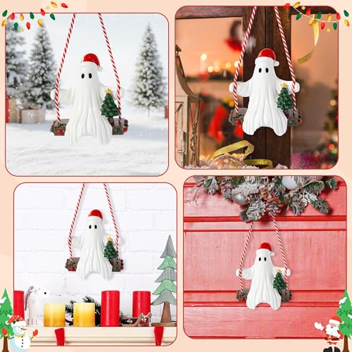 Halloween Ghost Swing Ornament with Santa Hat - Holiday Decor Figurine