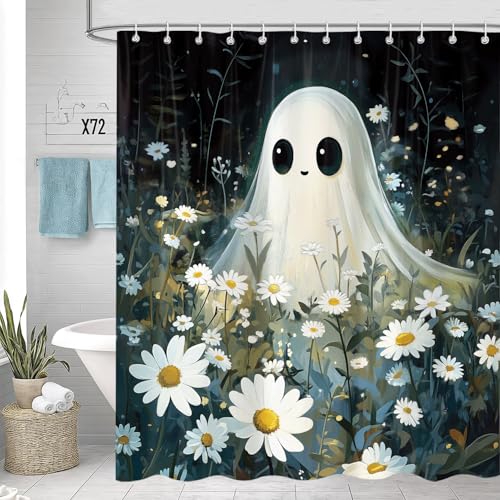 Blue Halloween Shower Curtain with Ghost & Floral Pattern Waterproof Fabric 72x72 Inches with Hooks - Variation of THIS listing