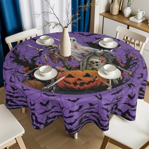 Halloween Pumpkin Tablecloth 60 Inch Round Spooky Ghost Bat Design Purple Washable