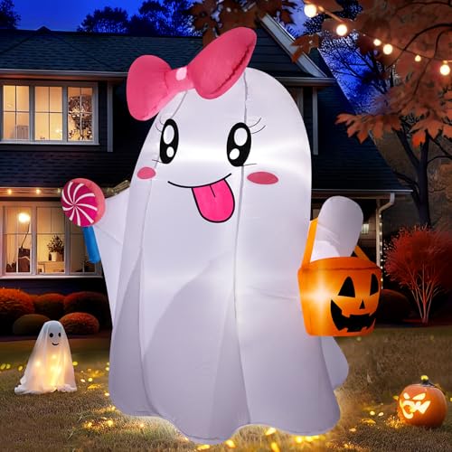 5FT Halloween Ghost Inflatable with Bright LED Lights & Pink Bow - Outdoor Yard Decoration