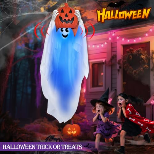 Sound Activated Halloween Hanging Ghost with Pumpkin - 43 Inch Spooky Animatronic Decor