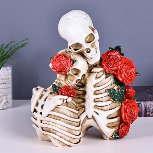 White Snuggling Gothic Skeleton Couple Resin Statue with Roses - Halloween Decor