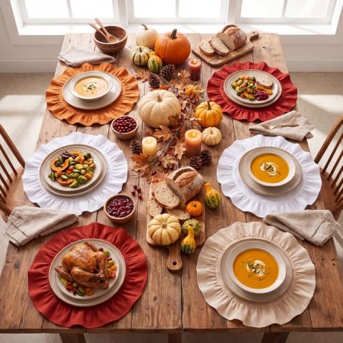 Orange Beige Round Fall Placemats Set of 6 - 15 Inch Ruffled Fabric Table Decor