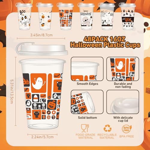 Halloween Plastic Cups 16oz with Lids - 48 Pack, Spooky Ghost, Pumpkin & Spider Designs