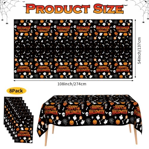 Halloween Tablecloth Set - 8 Disposable Rectangular Plastic Covers with Spider Web & Pumpkin Design - 54x108 Inches - Halloween Party Supplies