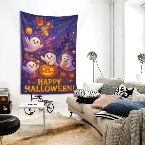 Halloween Tapestry Wall Hanging 60x40 Inches - Cute Ghost Pumpkin Castle Decor - Kid-Friendly Party Backdrop - Variation: Halloween / 60"L x 40"W