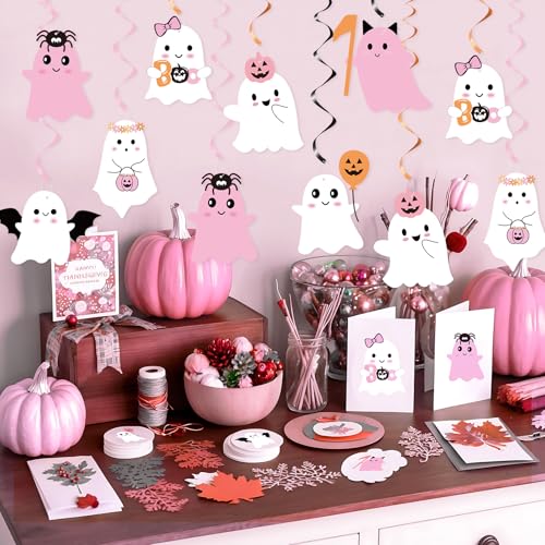 Pink Halloween Ghost Hanging Decorations Set - Spooky Party Swirls & Cutouts