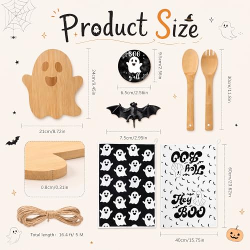 Halloween Ghost Kitchen Gift Set - 37 Pcs Bamboo Cutting Boards Towels Spoons - Ghost Theme