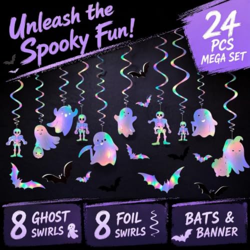 Halloween Holographic Hanging Decorations Set - Ghost Banner & 3D Bat Wall Stickers