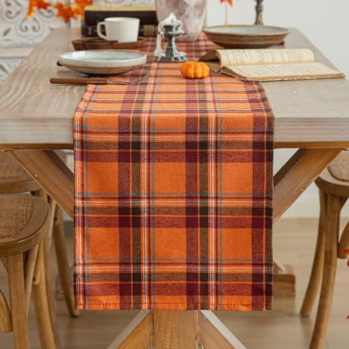 Plaid Fall Thanksgiving Table Runner - Orange Red 13x48 Inches - AQOTHES