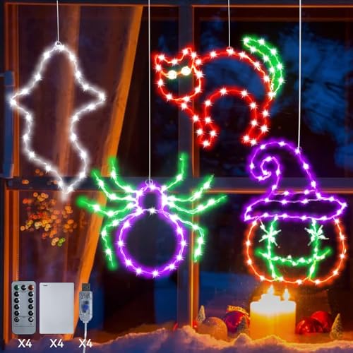 Halloween Indoor Window Decorations Lights 4 Pack - Ghosts Pumpkins Spiders with Remote