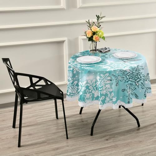 Silver Winter Snowflakes Round Tablecloth 60 Inch Teal Snowflakes Christmas Decor