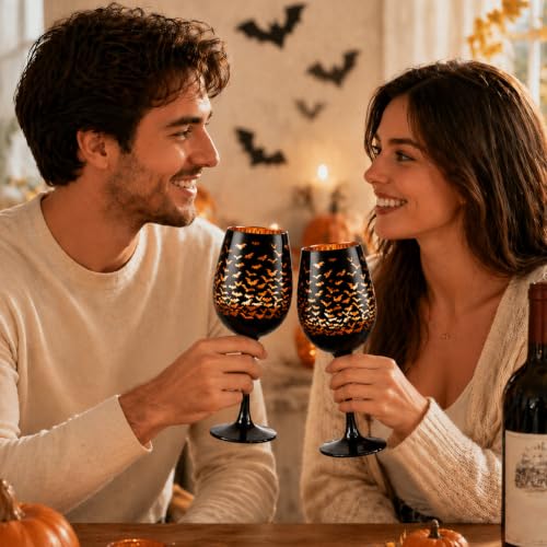 Halloween Bat Wine Glasses Set - Black & Orange Stemmed Goblets, 15oz, 2 Pcs