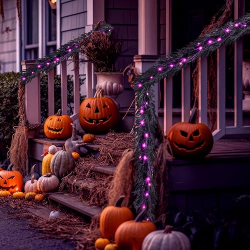 Halloween Black Leave Garland with Lights 6ft Indoor Outdoor Decor