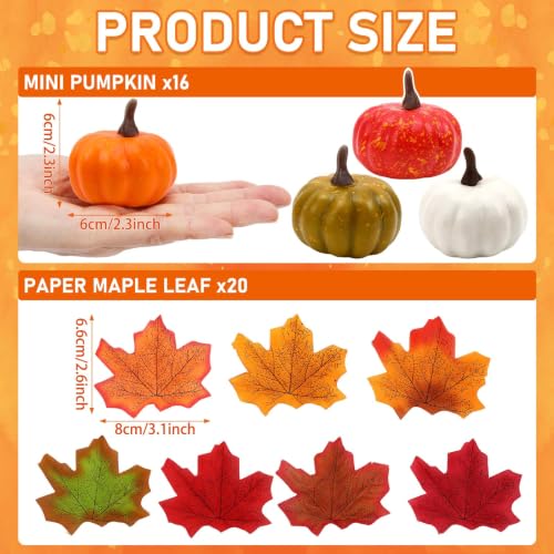 Mini Artificial Pumpkins with Realistic Leaves - Fall Decor Set, Yellow & Green