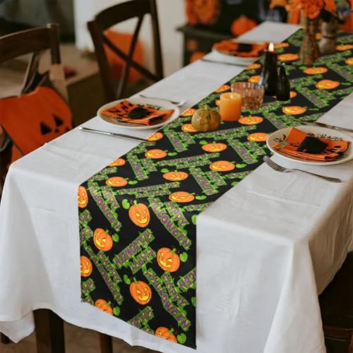 Ghost Face Pumpkin Black Halloween Table Runner - 13x60 Inch Spooky Kitchen Decor, Green & Black Variation