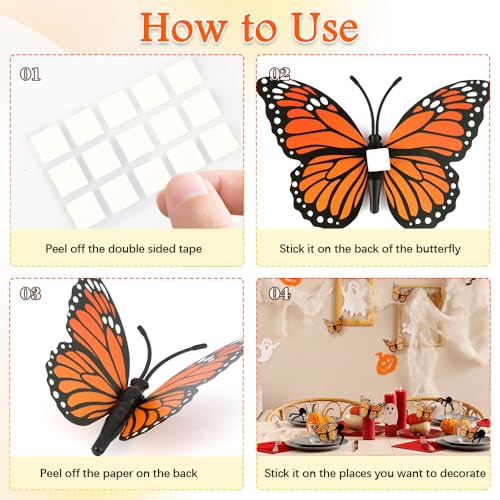 12 Pcs Monarch Butterfly Wall Decor Set - 3 Sizes Artificial Halloween Craft Decorations