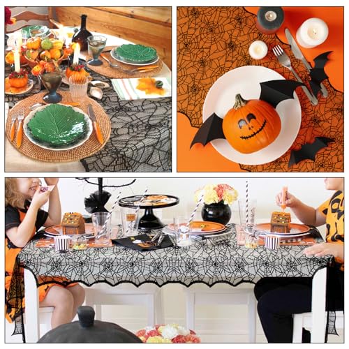 Luktastic Halloween Black Lace Spider Web Table Runner 18x72 Inch - Spooky Party Decor