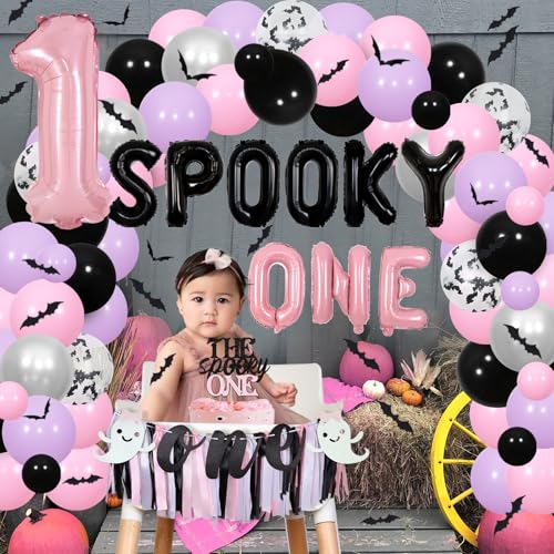 Halloween 1st Birthday Party Decorations Pink and Purple Balloons Banner Cake Topper Wall Stickers