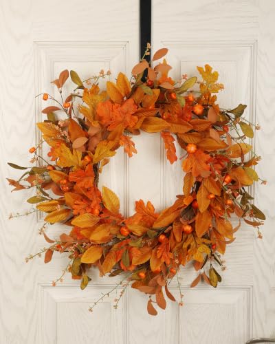 Fall Wreath for Front Door 24 Inch Autumn Leaves Pumpkin Outdoor - Orange
