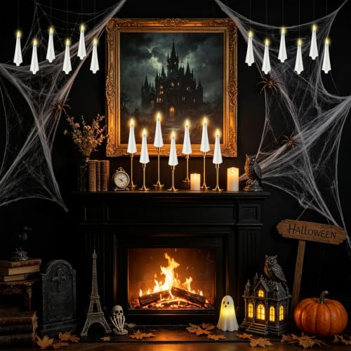 Ghost Flameless Floating Candles with Wand Remote - 20 Pcs Halloween Decoration - White (Variation: Ghost White-20pcs)