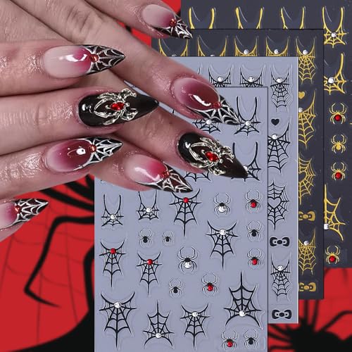 Halloween Nail Stickers 5D Embossed Spider Web Decals - Gold & Black Cobweb Design - Variation of THIS listing