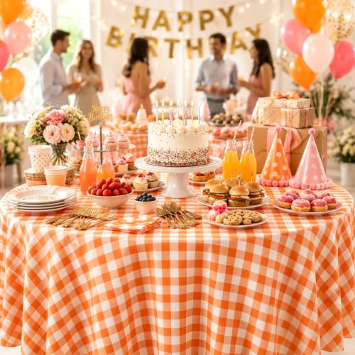 Orange Gingham Round Tablecloth 84 Inch - 4 Pack, Disposable Plastic Cover - Variation of Orange Checkered Round / 84"