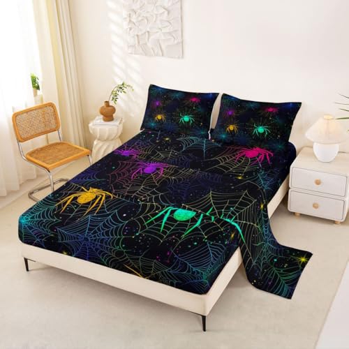 Halloween Spider Sheet Set Queen Rainbow Iridescent Bed Sheets with Glitter Stars & Web - Multi 19