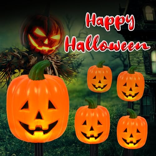 Long Pumpkin Stake Lights Set of 10 - Solar Halloween Yard Decor