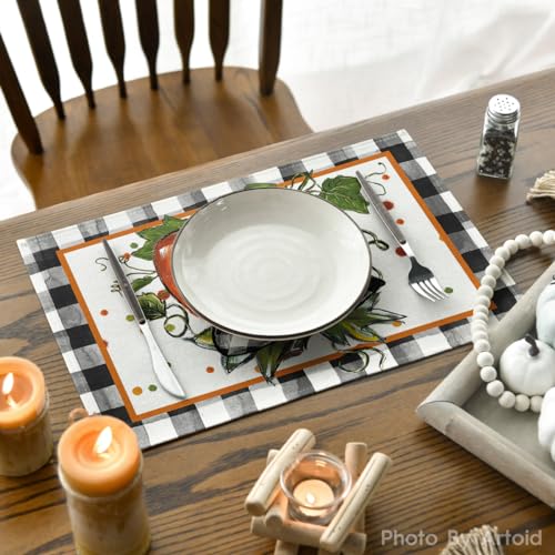 Pumpkin Buffalo Plaid Fall Placemats Set of 2 - 12 x 18 Inch Rectangular Black & Orange