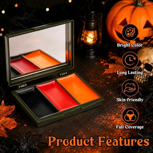 Black Red Orange Face Paint Set with Mirror & 3 Brushes + 3 Sponges - Halloween Makeup, Variation 11