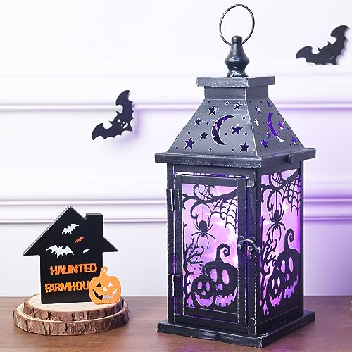 Halloween Indoor & Outdoor Lantern with Spider & Pumpkin Pattern - 14.7" Decorative Candle Lantern with 78" LED Lights (8 Modes) - Party Decor, Spooky Home & Room Decoration - Variation: Spider & Pumpkin