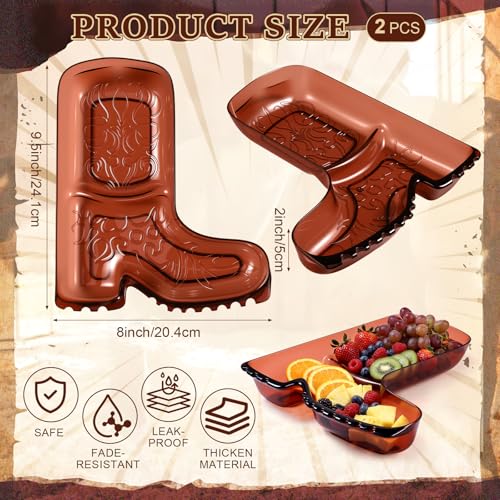 Cowboy Boot Serving Trays - 2 Pack Western Party Food Platters Brown Plastic