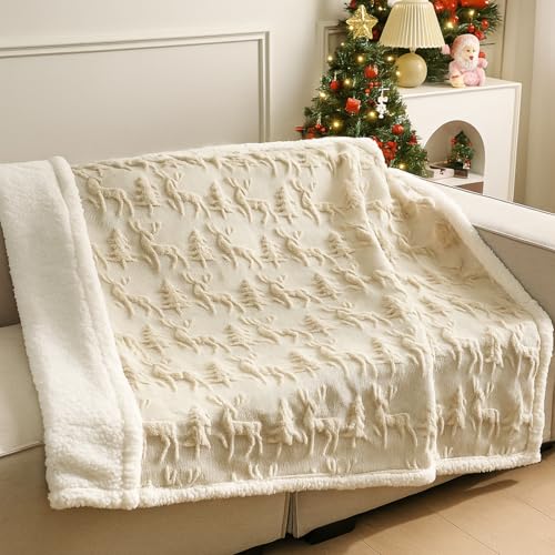 Remagr Beige Reindeer Christmas Sherpa Throw Blanket 50x60in - Double-Sided Plush Cozy Decor
