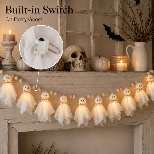 Halloween Ghost Garland with LED Lights - 10 Cute Spooky Party Banner, Indoor Decor