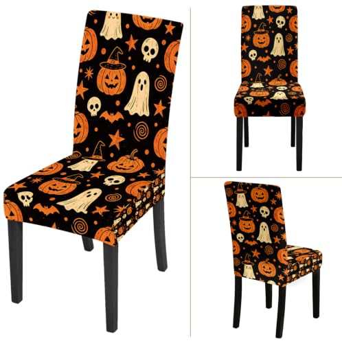 Pumpkin Ghost Skeleton Halloween Chair Covers Set of 4 Stretchable Dining Slipcovers