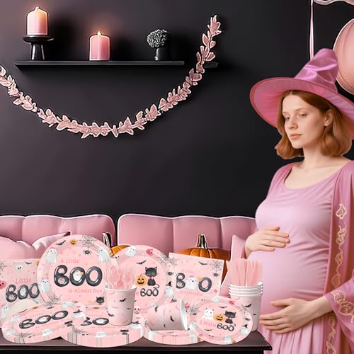 Pink Halloween Baby Shower Dinnerware Set - Plates Napkins Cups for Girl Party