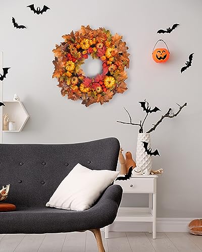Large 24 Inch Autumn Fall Wreath for Front Door with Pumpkins and Leaves