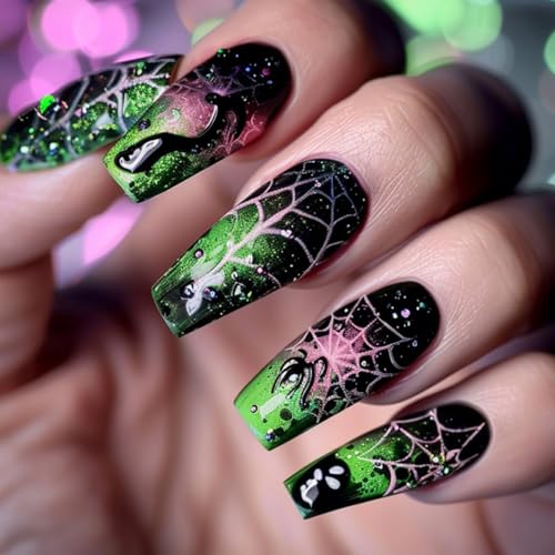 Halloween Green Gradient Fake Nails Set A7 - Coffin Shaped Glitter Tips with Spider Web Design, 24 Pcs