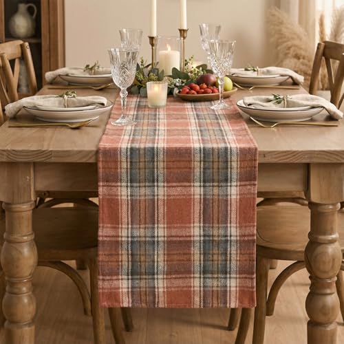 Rust Farmhouse Table Runner 13x108 Inch - Fall Plaid Decor - Artoid Mode Variation 13" x 108" Rust