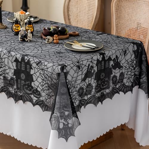 Joyfol Day Halloween Lace Tablecloth 72x54 Inch Gothic Spiderweb Castle Black