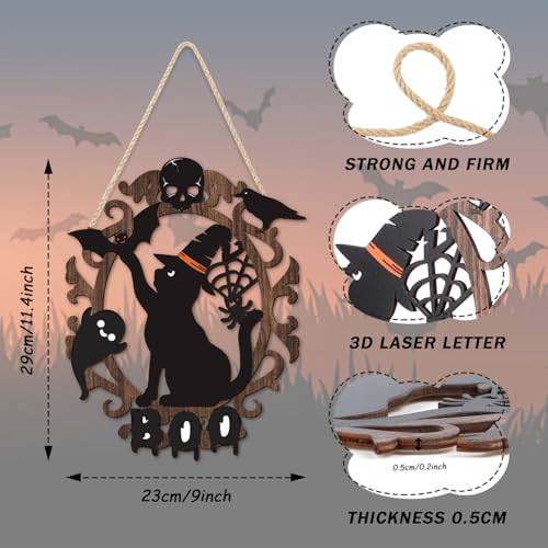 Halloween Black Cat Wooden Sign - Spooky Ghost & BOO Decor - 9x11 Inch Halloween Wall Hanging - Holiday Home Wreath & Porch Sign - Variation: Halloween