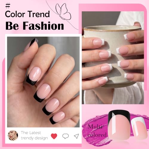 240P Short Square French Tip Press On Nails with Glue - Black & White Variation